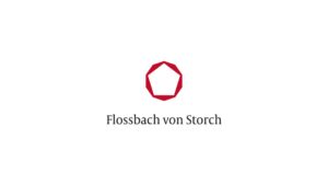 Weißer Hintergrund mit rotem polygonalen Logo über dem schwarzen Schriftzug "Flossbach von Storch".